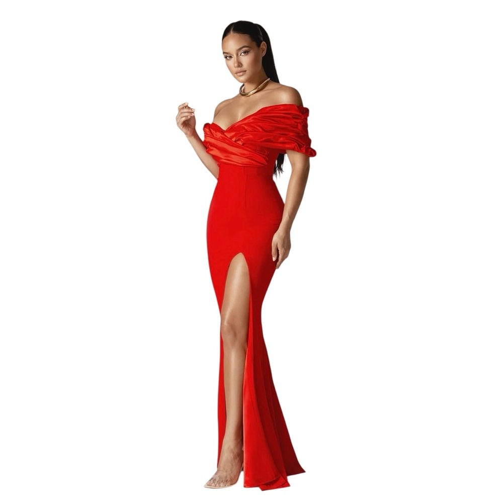 NWT Alieva Presley Crepe Ruffle Shoulder Gown Dress in Red Sz. L - Picture 4 of 15
